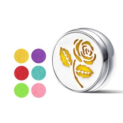 China Stainless Steel Rose Flower Design Magnetic Aromatherapy Essential Oil Pendant Loop Brooch Bomei Stainless Steel Jewelry Clip For Face Masking for sale