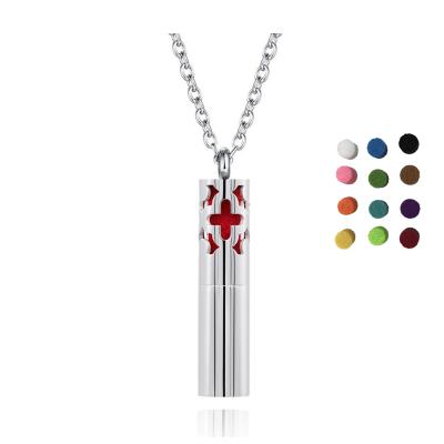 China Fashion Cross Design Cylinder Shaped Essential Oil Diffuser Necklace 316 Stainless Steel Aromatherapy Diffuser Bottle Necklace Jewelry for sale