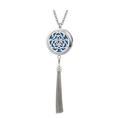 China Fashionable Wholesale Celtic Knot Design 30mm Aromatherapy Necklace Jewelry Stainless Steel Essential Oil Diffuser Necklace With Tassel for sale