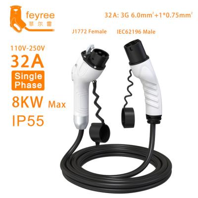 China feyree EV charger plug 32A Type 1 to Type2 SAEJ1772 to IEC62196-2 clip 16A with 5m cable for 8kw electric vehicle charging station for sale