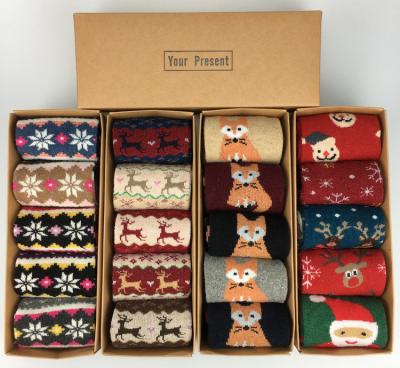 China Wholesale Antibacterial 5 Pairs In Gift Box Warm Winter Christmas Sock 16 Patterns Wool Christmas Sock for sale