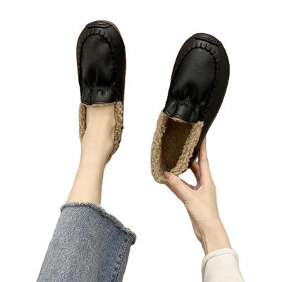 China Round soft leather plush thickened shallow mouth cotton shoes leisure and comfortable soft sole single shoes for sale