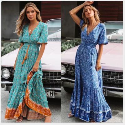 China Anti-wrinkle Spring Summer Maxi Dress New Korean Fashion V-Neck Ruffles Floral Print Flight Sheath Slim Fit Swing Dress Women for sale