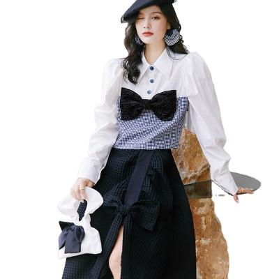 China 2021 New Autumn Women&'s Casual White Plaid Anti-pilling Shirt Lapel Sweater Splicing Blouse With Bow. for sale