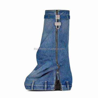 China Women Genuine Leather Thick Shoes Knee High Boots Denim Soles Fashion Trend Shark Metal Lock Boots Cowgirls High End Zipper Boots For Ladies for sale