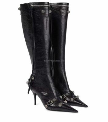 China Fashion Trend Genuine Leather High End Tassels Rivet Side Knight Chelsea Boots Metal Studded Long Stiletto Zipper Women Knee High Boots for sale