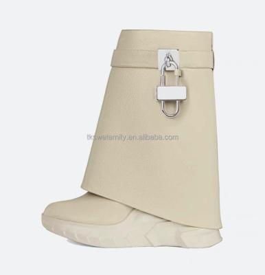 China Round Real Cow Metal Leather Genuine Leather Lock Wedges Thick-soled Shark Lock Rejects Platform Wedge Thick Soled Rejects Short Booty for sale