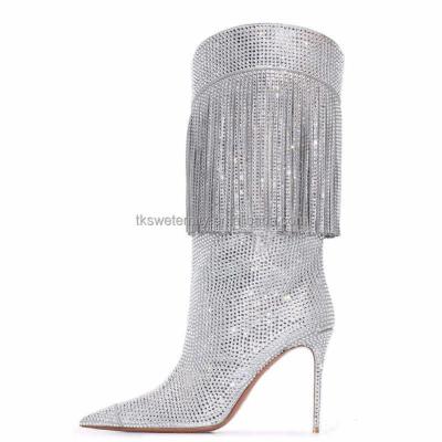 China Trend Toe Fashion Catwalk Cow Suede Headed Genuine Leather Sheepskin Shoes Shiny Tassel Booties Crystal Knee High Boots With Diamonds for sale