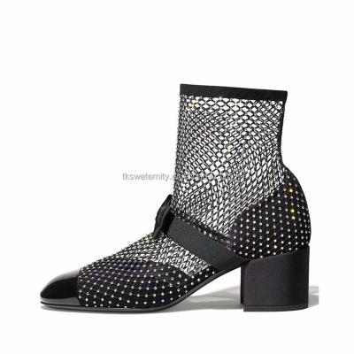 China Round Genuine Leather Bridal Block Bowknot Mesh Sock Boots Lace Design Rhinestone Luxury Dress Shoes Heel Mary Jane Shoes For Girls for sale