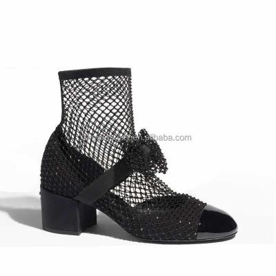 China Round Genuine Leather Bridal Shoes Luxury Rhinestone Dress Scare Mesh Sock Boots Sexy Lace Leather Design Bowknot Heel Mary Jane Boots for sale