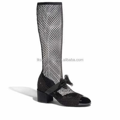 China High End Genuine Leather Bridal Girl Round Mary Jane Pumps Mesh Design Bowknot Cavity Block Heel Sock Boots Sexy Lace Rhinestone Shoes for sale