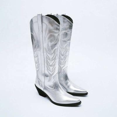 China Wholesales Shiny Cowboy Shoes Silver Leather Cowgirl Boots Waterproof Embroidered Wide Calf Mid Calf Cowgirl Boots Women Western Boots for sale