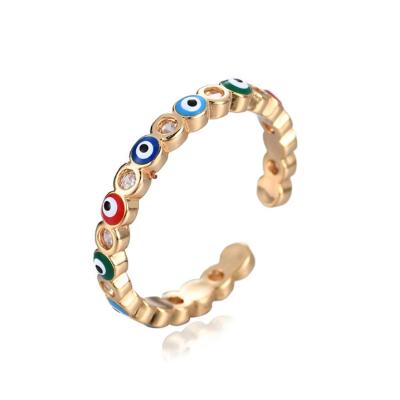 China Fashion Environmental Friendly Gold Plated Crystal Turkish Devil Eye Rings Adjustable Colorful Evil Eye Rings For Girls for sale