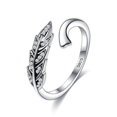 China Hiphop 925 Sterling Silver Feather Wings Adjustable Ring for Women for sale