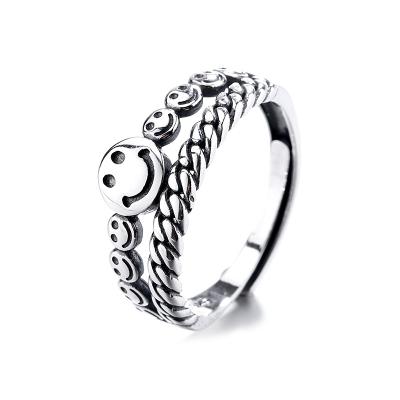 China Cute 925 Sterling Silver Vintage Handmade Wedding Rings Creative Smile Face Jewelry For Women Men Adjustable Rings for sale