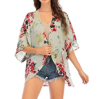 China Wholesale Ladies Windproof Top Blouses Beach Summer Dress Halfsleeve V-Neck Flower Print Beach Kimono Boho Cardigan Tropical for sale