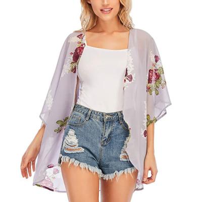 China Factory Summer Women Blouses Floral Print Windproof Beach Cover Up Kaftan Women Chiffon Kimono Cardigan for sale