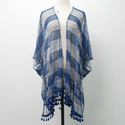 China New Summer Polyester Striped Mesh Beach Cloak Blue Sunscreen Sexy Ladies Split Knitted Beach Shawl for sale