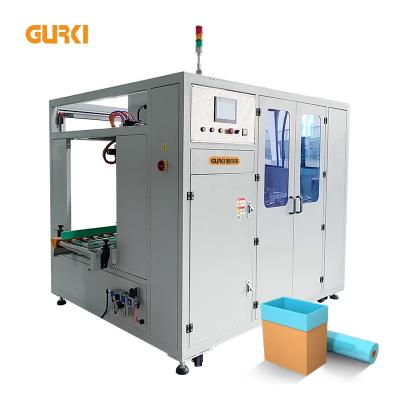 China Food Automated Box Line Poly Bagging Machine Automatic Liner Bag Inserter For Carton Box, Barrel for sale