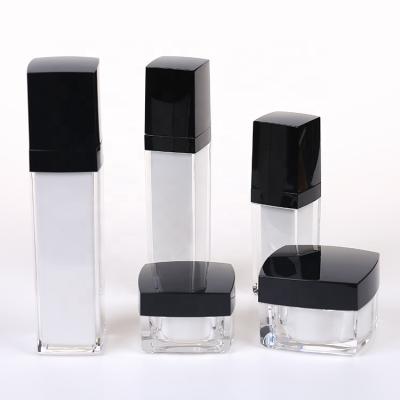 China Personal Care Black Square Luxury Empty Acrylic Cosmetic Skin Care Jar And Pump Bottle Packaging Set for sale