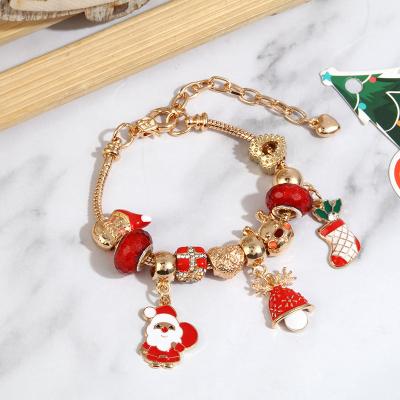 China High Quality Enamel Oil Drip Flower Heart Bracelet Christmas Trees Santa Claus Bracelets Colorful Bead Silver Plated Bracelet Christmas Gift for sale