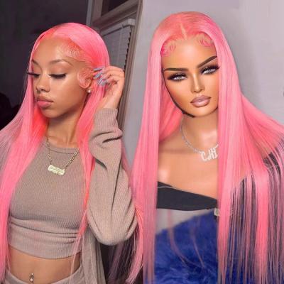 China Body Wave Pink Lace Front Wig Human Hair For Women Long Straight Customized Colored Pink Color Hair HD Transparent Lace Closure Wigs for sale