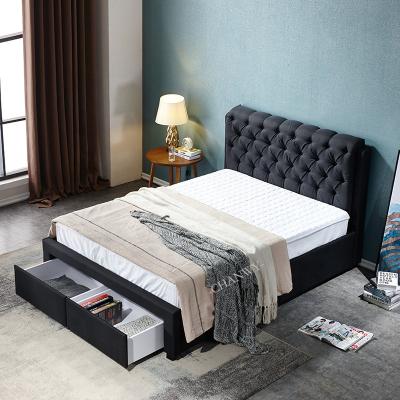 China Durable Luxury Modern Double Bed Designs And Furniture Factory Black Fabric Bed Foot Two Drawers With Knob for sale