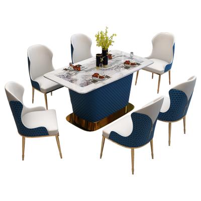 China Home Furniture Dining Tables Sets (New Designs Other) T02 Adjustable Luxury Modern Leather Marble Dining Table Set for sale