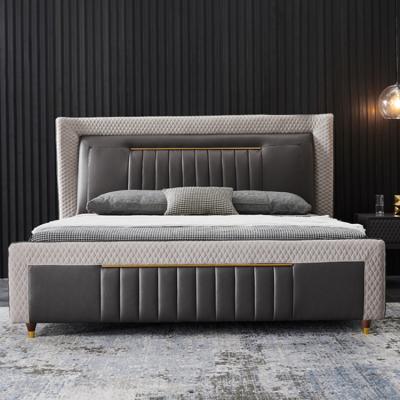 China New Design Bedroom Bed Headboard CH8832 Modern Luxury Lighted Stool Bed Set Wooden Hotel Beds With Storage for sale