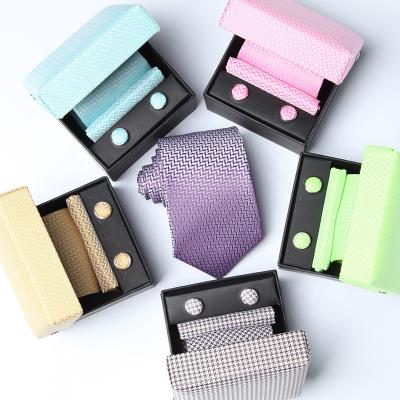 China Custom Woven Polyester Tie Decoration Recycled Eco Tie Pocket Square And Cufflink Mens Cufflink With Gift Box for sale