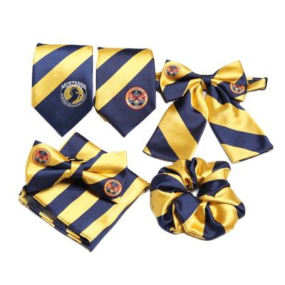 China 100% Handmade custom logo gold ground navy stripe tie bow ties and school scrunchy set ties and scrunchies for sale