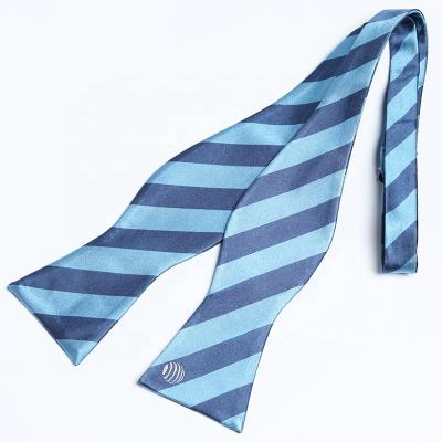 China Jacquard Custom Design Blue And White Stripe Woven Jacquard Self Tie 100% Silk Bow Tie Bespoke Handmade Bow Tie For Men for sale