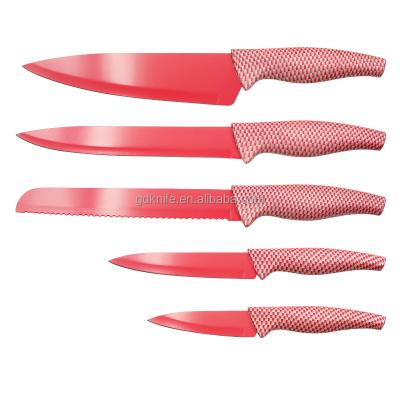 China Sustainable Professional PP Handle 5 Piece Kitchen Knife Colored Nonstick Coating Cooking Set for sale