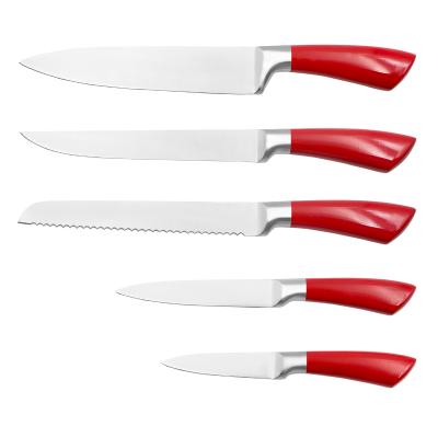 China Sustainable Yangjiang Knife 5 Pieces Kitchen Knife Stainless Steel Set With Red Hollow Handle for sale