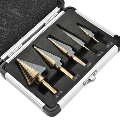 China 5pcs Spiral Titanium Alloy 5pcs Flute Tungsten Carbide Step Drill Bits HSS Brocas Step Drill Bit Aluminum Set for sale