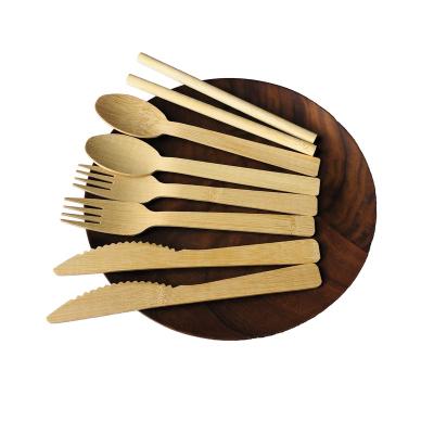 China Stocked Wholesale Disposable Bamboo Cutlery Set Biodegradable Cutlery Bamboo Tableware Dinnerware Set Knife and Fork and Spoon and Straw for sale