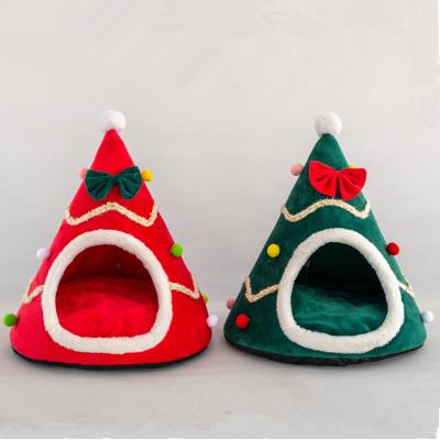 China New Year Triangle Shape Soft Foldable Dog Bed Tent Removable Stocked Cat Hut Tent House With Cushion for sale