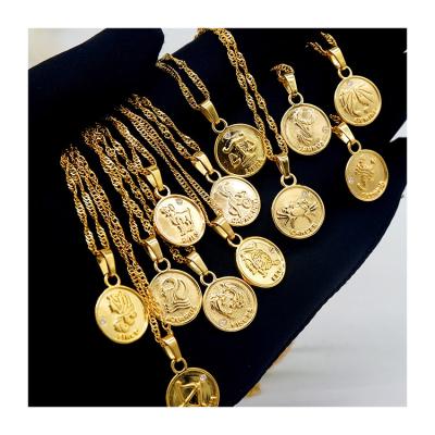 China TRENDY 18k Gold Plated Coin Shape Horoscope Zodiac Sign Necklace Pendant Chain For Women for sale