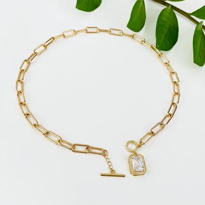 China Fashionable Zircon Rhinestone Rectangle Lock Diamond Crystal Link Chain OT Pendant Necklace 2021 for sale