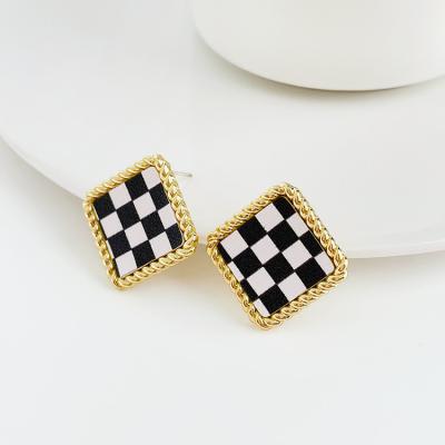 China TRENDY 18k retro ghod plated black and white square grid checkerboard earrings for sale