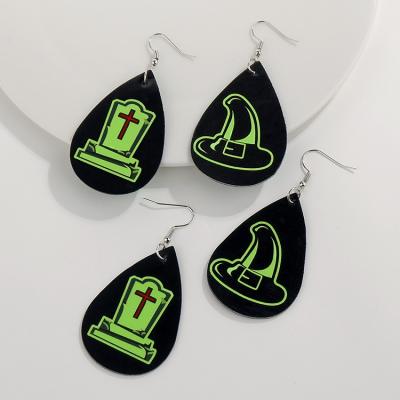 China New Amazon punk punk Halloween pu water leather black drop shaped green fire hat pattern cross earrings for women for sale