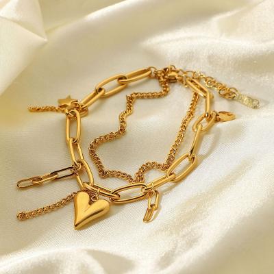 China TRENDY Non Tarnish Gold Plated Stainless Steel Double Layered Heart Star Pendant Bracelet For Women for sale