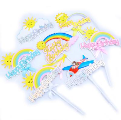 China Viable Creative Rainbow Sun Clouds Cake Decoration Insert Card Happy Birthday Cake Topper For Cake Decorating for sale