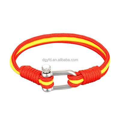 China Casual Spain Flag Men Fashion Jewelry Paracord Bracelet Stainless Steel Shackle Nautical Sailing Rope Bracelets for sale