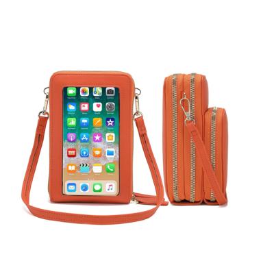 China Fashion Clear PU Leather Touch Screen Cell Phones Pinch Shoulder Body Bag Women Handbags Sling Cross Bag With Mobile Phone For Women for sale