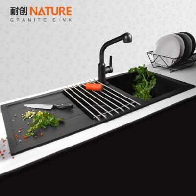 China Without Faucet Over The Counter Stone Black Granite Double Bowl Drainer Quartz Compound Undermount Kitchen Sink for sale