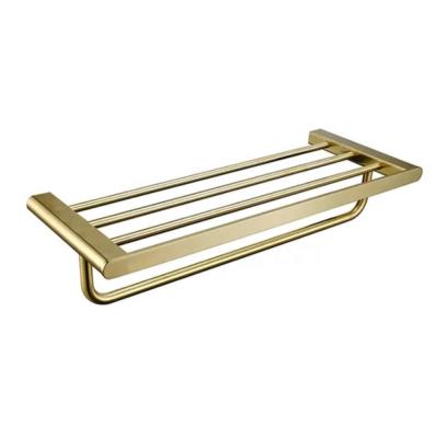 China Durable 304 Stainless Steel Golden Wall Mounted Towel Rack Bathroom Bath Towel Shelf for sale