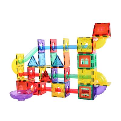 China Building Toy GCC Certificated 96 Pieces Racing Magnetic Puzzle Marble Blocks Game Ready To Board Magnet Tiles For Kids for sale