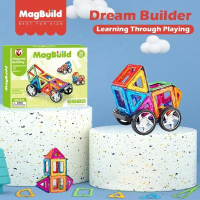 China Creative Ideas by Imagination MagBuild OEM Magnetic Building Blocks Tiles 36PCS Building Blocks Vehicle Set with Car Base and Wheels PULL Back Toys for sale