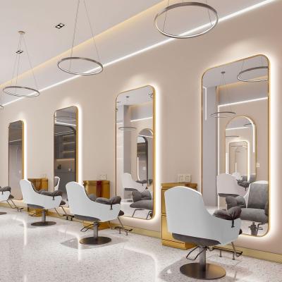 China Modern  Luxury LightSpa Luxury gold oval barber mirror stations hairdressing salon mirror barber unit station with led light for sale